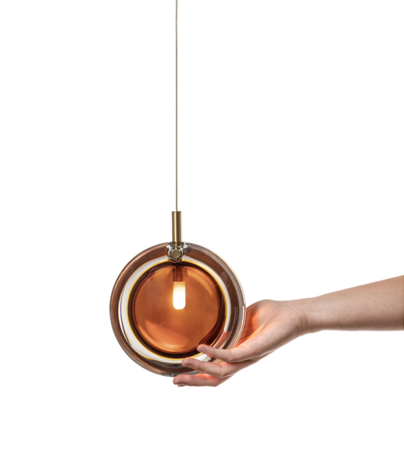 Lens-single-pendant-amber-front-hand