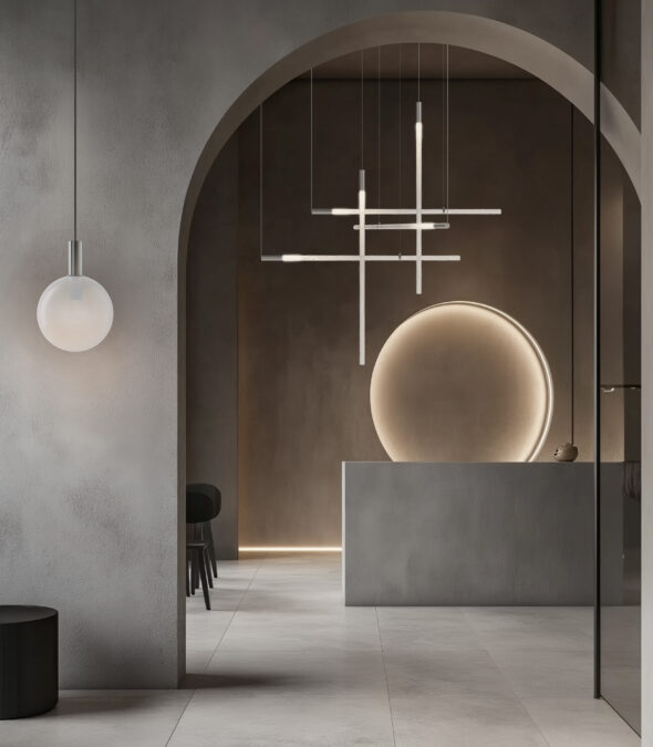 BOMMA_FLARE + DIVINA_concrete arch reception desk_glow